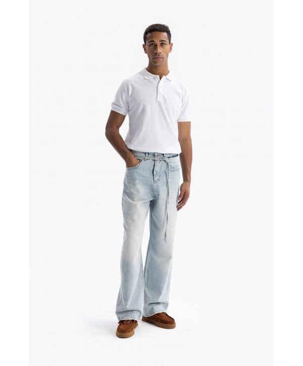 Erkek Geniş Kalıp Baggy Kemerli Kot Pantolon - Mavi