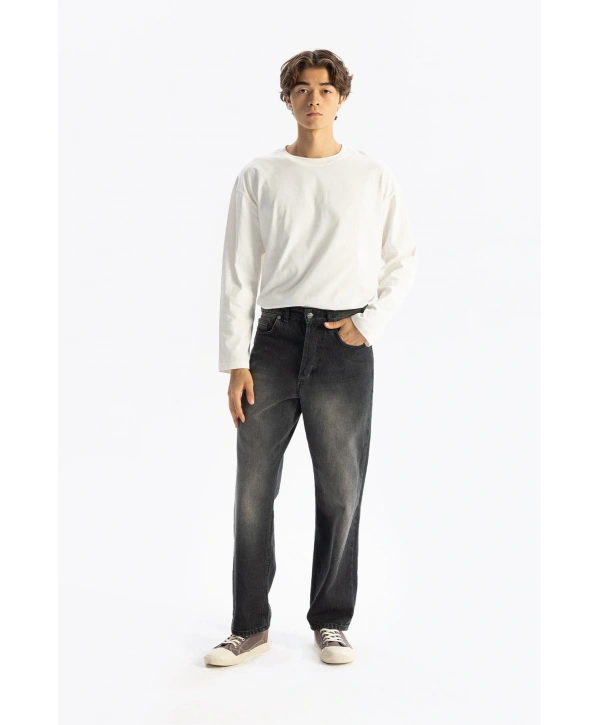 Erkek Geniş Kalıp Baggy Kot Pantolon - Füme