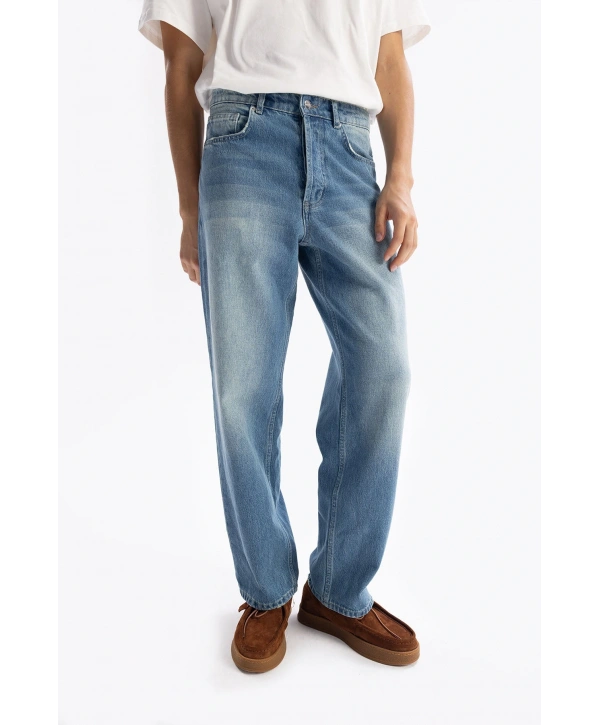 Erkek Geniş Kalıp Baggy Kot Pantolon - Mavi