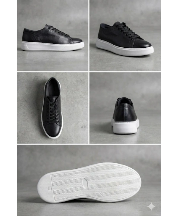 Erkek Günlük Eva Taban Deri Snakers Casual Ayakkabı- Siyah Beyaz