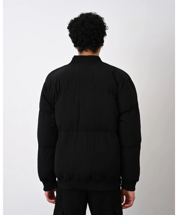 Erkek Hakim Yaka Beli Lastikli Şişme Mont-Siyah