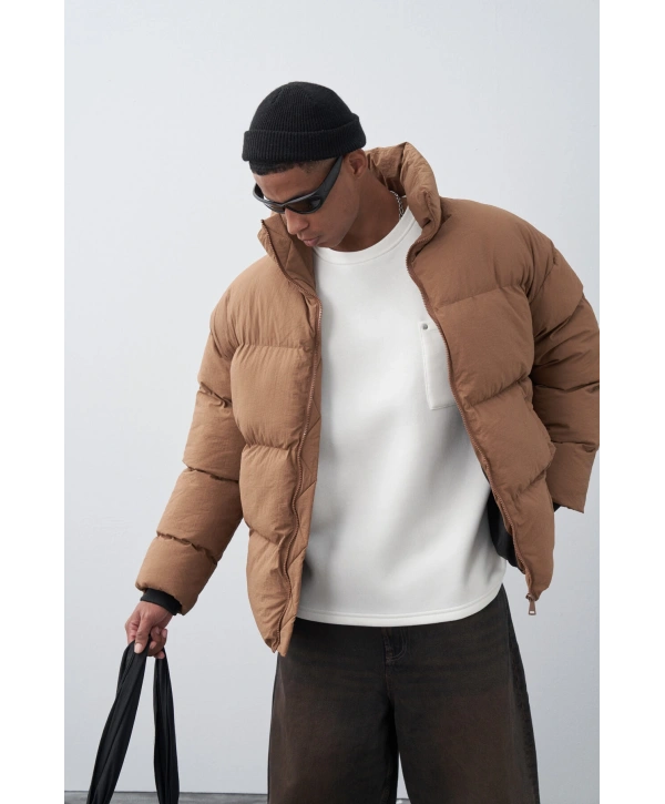 Erkek Hakim Yaka Jel Dolgu Şişme Mont-Kahve