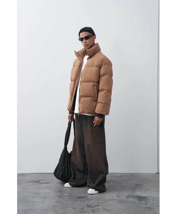 Erkek Hakim Yaka Jel Dolgu Şişme Mont-Kahve