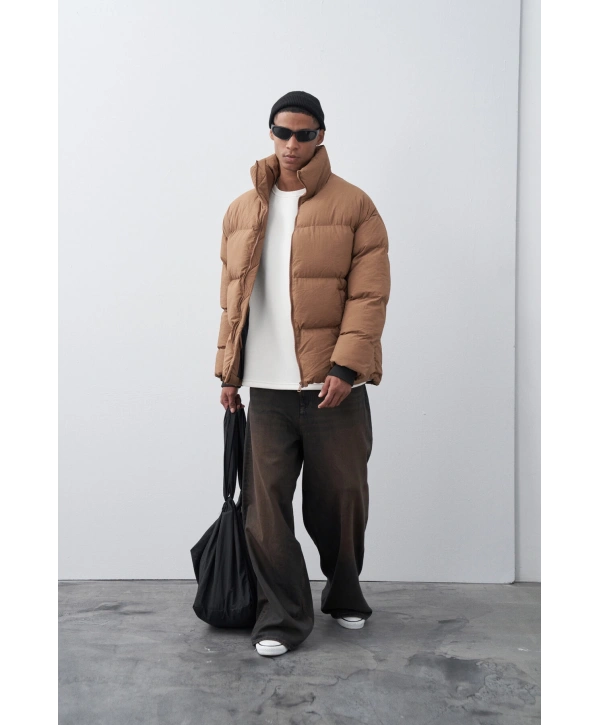 Erkek Hakim Yaka Jel Dolgu Şişme Mont-Kahve