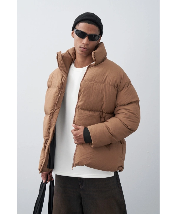 Erkek Hakim Yaka Jel Dolgu Şişme Mont-Kahve