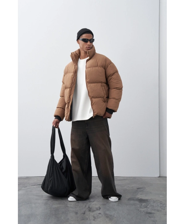 Erkek Hakim Yaka Jel Dolgu Şişme Mont-Kahve