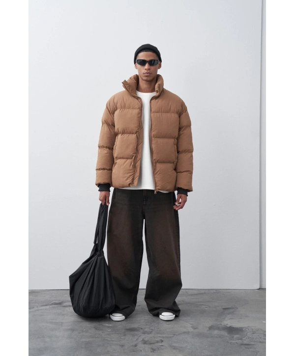 Erkek Hakim Yaka Jel Dolgu Şişme Mont-Kahve