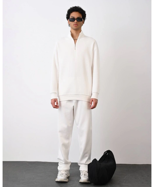 Erkek İçi Şardonlu Yakası Fermuarlı Oversize Sweatshrt -Beyaz