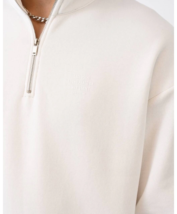 Erkek İçi Şardonlu Yakası Fermuarlı Oversize Sweatshrt -Beyaz
