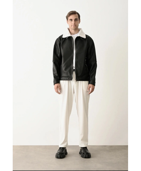 Erkek İçi Siyahi Kürklü Fermuarlı Nubuk Mont-Siyah