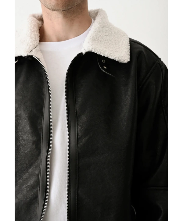 Erkek İçi Siyahi Kürklü Fermuarlı Nubuk Mont-Siyah