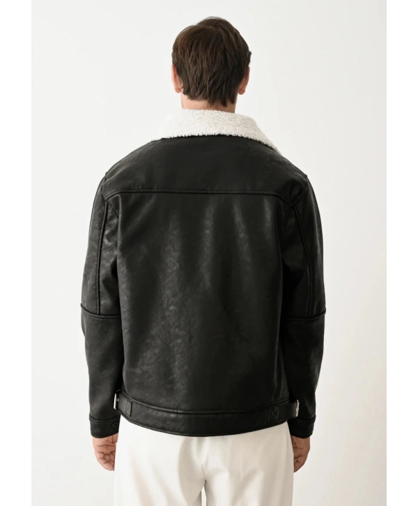 Erkek İçi Siyahi Kürklü Fermuarlı Nubuk Mont-Siyah