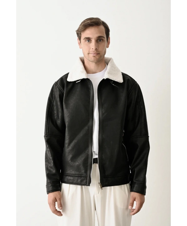 Erkek İçi Siyahi Kürklü Fermuarlı Nubuk Mont-Siyah