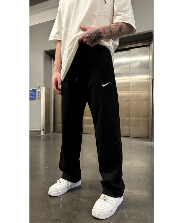 Erkek İki İplik İnce Paçası Lastikli Baggy Eşofman Altı - Siyah