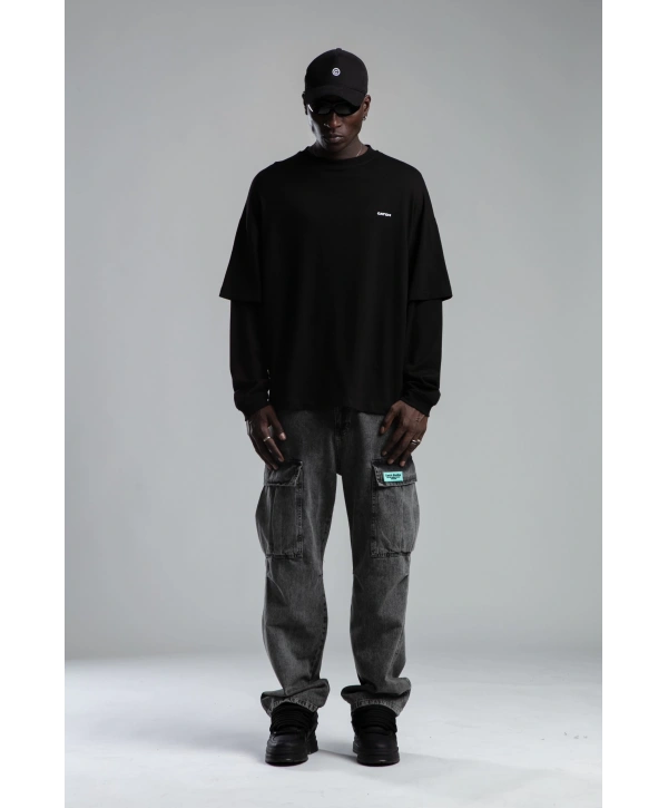 Erkek İnce Owersize Baskılı Sweatshirt -Siyah