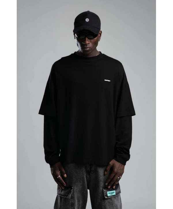 Erkek İnce Owersize Baskılı Sweatshirt -Siyah