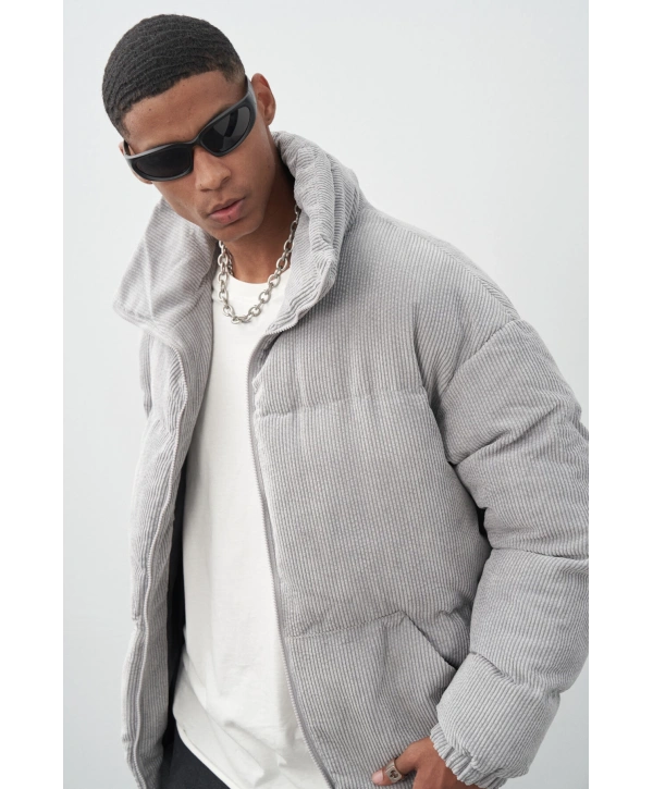 Erkek Kalın Fitilli Kadife Şişme Mont -Füme