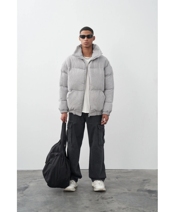 Erkek Kalın Fitilli Kadife Şişme Mont -Füme