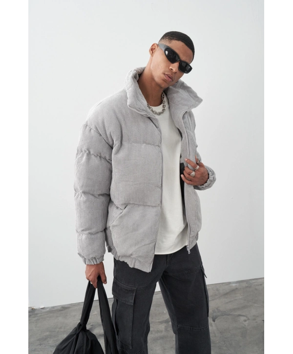 Erkek Kalın Fitilli Kadife Şişme Mont -Füme