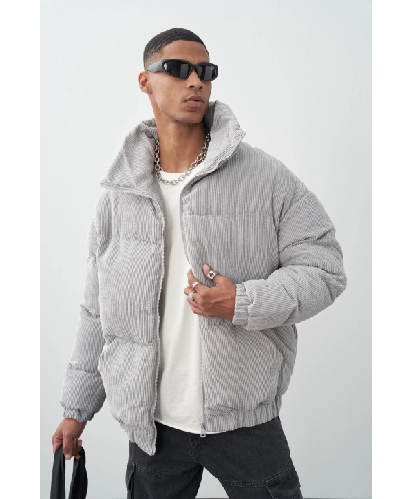 Erkek Kalın Fitilli Kadife Şişme Mont -Füme