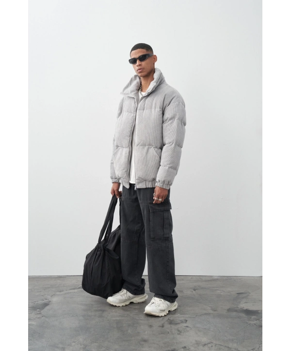 Erkek Kalın Fitilli Kadife Şişme Mont -Füme