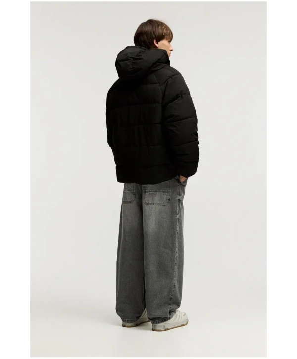 Erkek Kapüşonlu Fermuarlı Şişme Mont -Siyah
