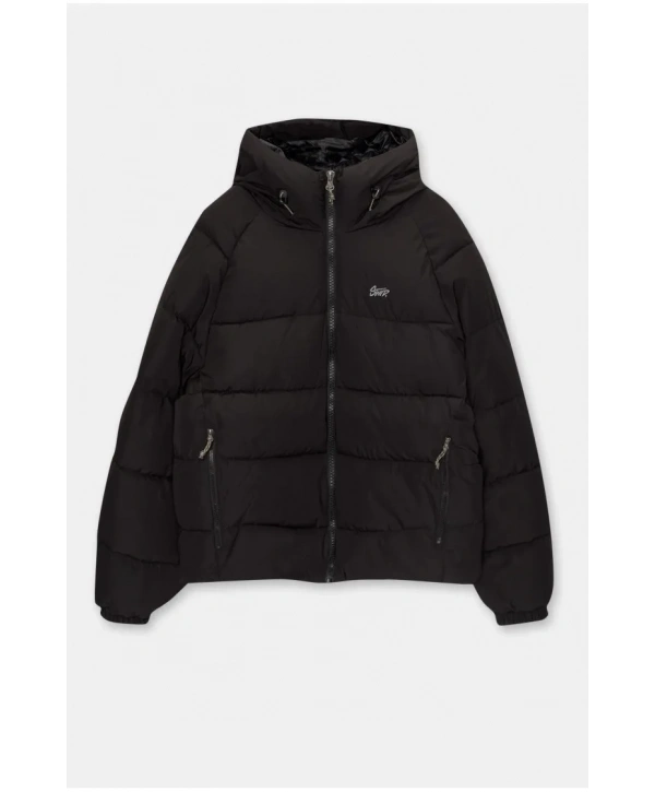 Erkek Kapüşonlu Fermuarlı Şişme Mont -Siyah