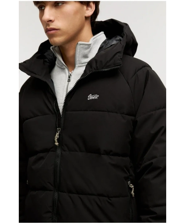 Erkek Kapüşonlu Fermuarlı Şişme Mont -Siyah