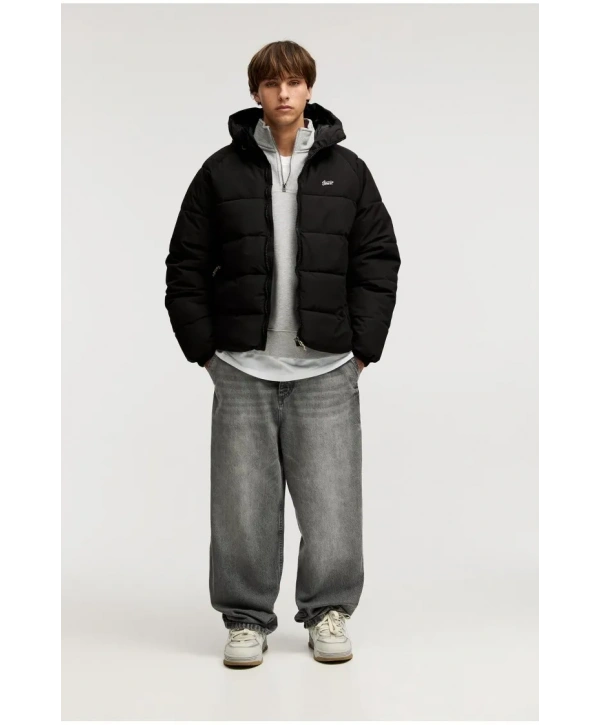 Erkek Kapüşonlu Fermuarlı Şişme Mont -Siyah