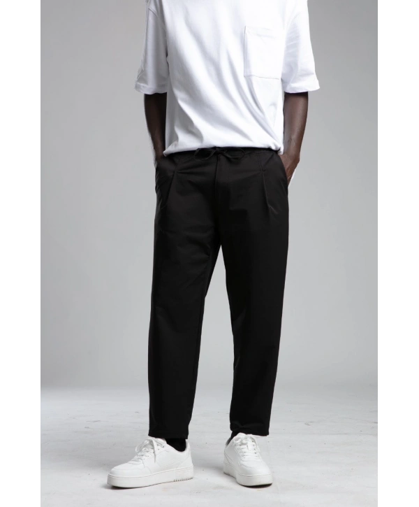 Erkek Likralı Beli Lastikli Paraşüt Kumaş Pileli Bagy-Siyah