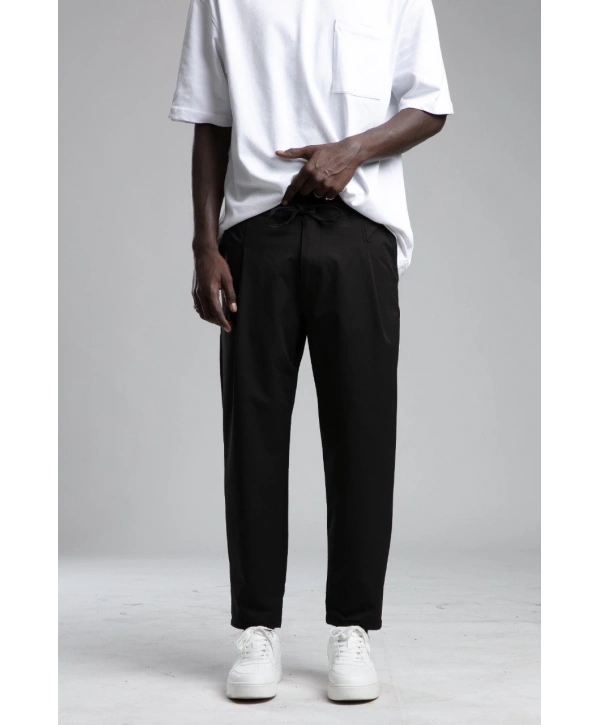 Erkek Likralı Beli Lastikli Paraşüt Kumaş Pileli Bagy-Siyah