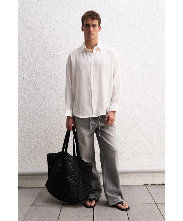 Erkek Modal Kumaş Owersize Uzun Kollu Gömlek- Beyaz