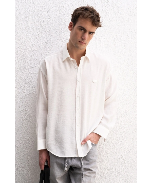 Erkek Modal Kumaş Owersize Uzun Kollu Gömlek- Beyaz