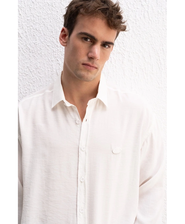 Erkek Modal Kumaş Owersize Uzun Kollu Gömlek- Beyaz