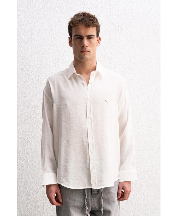 Erkek Modal Kumaş Owersize Uzun Kollu Gömlek- Beyaz