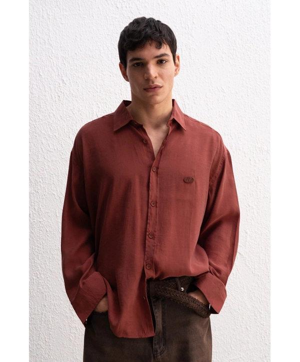 Erkek Modal Kumaş Owersize Uzun Kollu Gömlek- Bordo