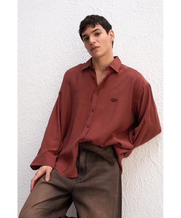 Erkek Modal Kumaş Owersize Uzun Kollu Gömlek- Lacivert