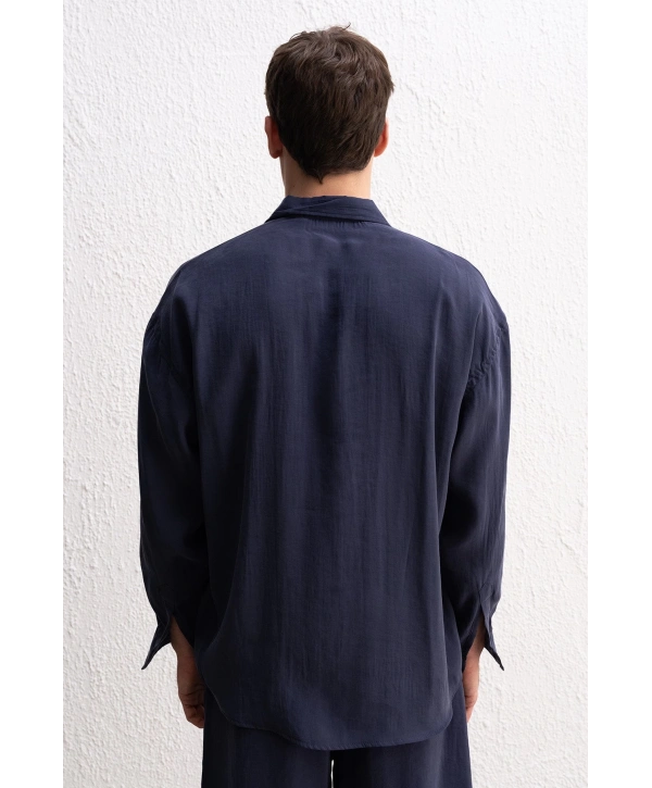 Erkek Modal Kumaş Owersize Uzun Kollu Gömlek- Lacivert