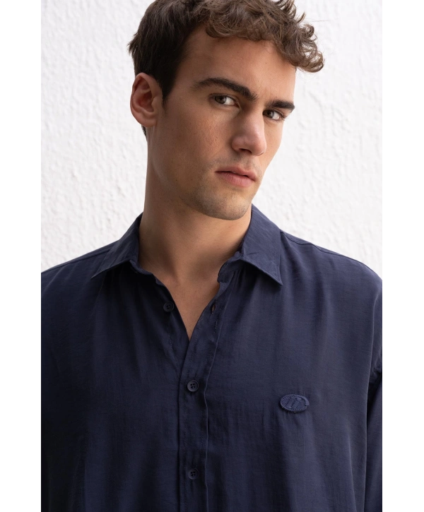 Erkek Modal Kumaş Owersize Uzun Kollu Gömlek- Lacivert