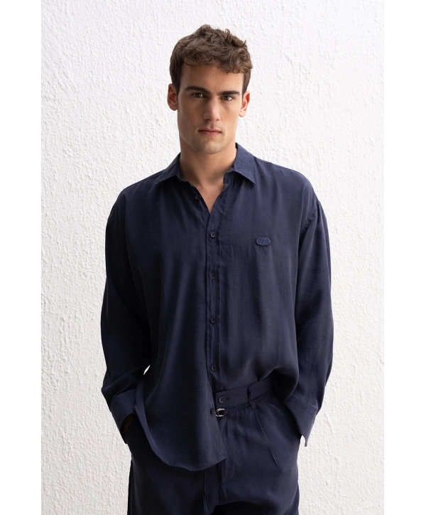 Erkek Modal Kumaş Owersize Uzun Kollu Gömlek- Lacivert
