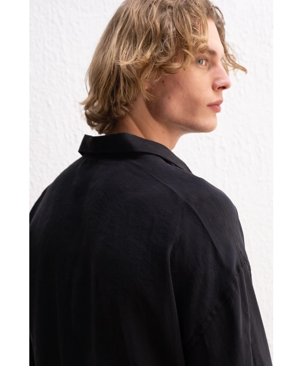 Erkek Modal Kumaş Owersize Uzun Kollu Gömlek- Siyah