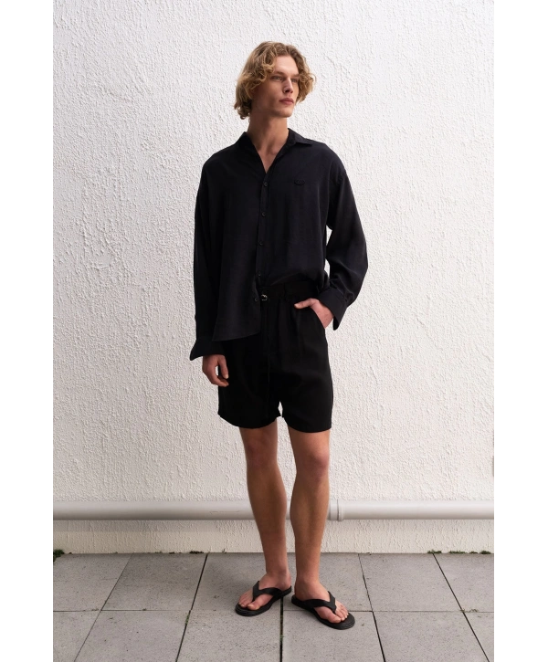 Erkek Modal Kumaş Owersize Uzun Kollu Gömlek- Siyah