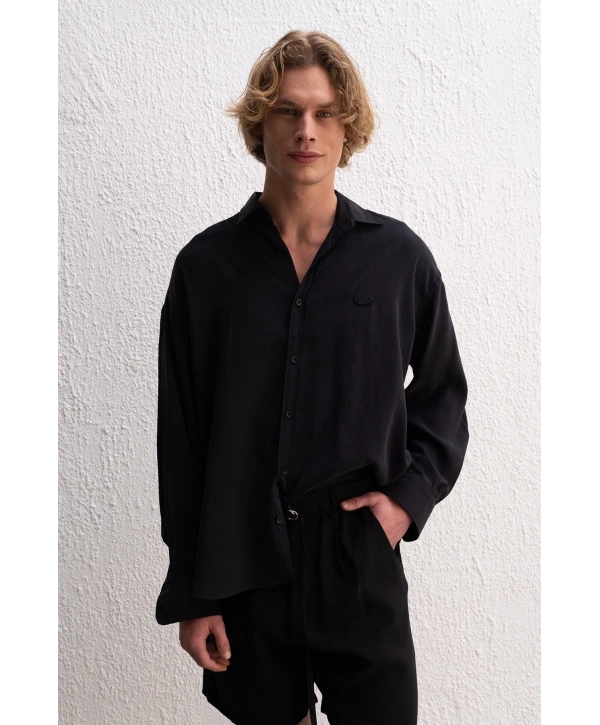 Erkek Modal Kumaş Owersize Uzun Kollu Gömlek- Siyah