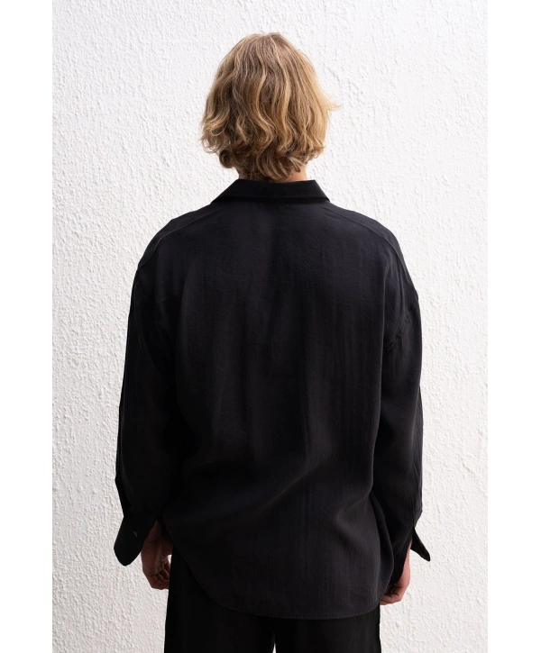 Erkek Modal Kumaş Owersize Uzun Kollu Gömlek- Siyah