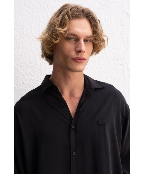 Erkek Modal Kumaş Owersize Uzun Kollu Gömlek- Siyah