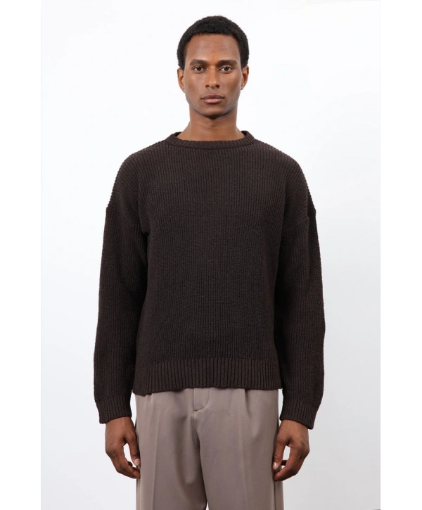 Erkek Normal Kalıp Bisiklet Yaka Örme Triko Kazak -Kahverengi