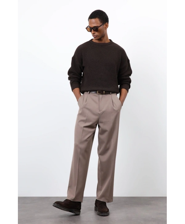 Erkek Normal Kalıp Bisiklet Yaka Örme Triko Kazak -Kahverengi