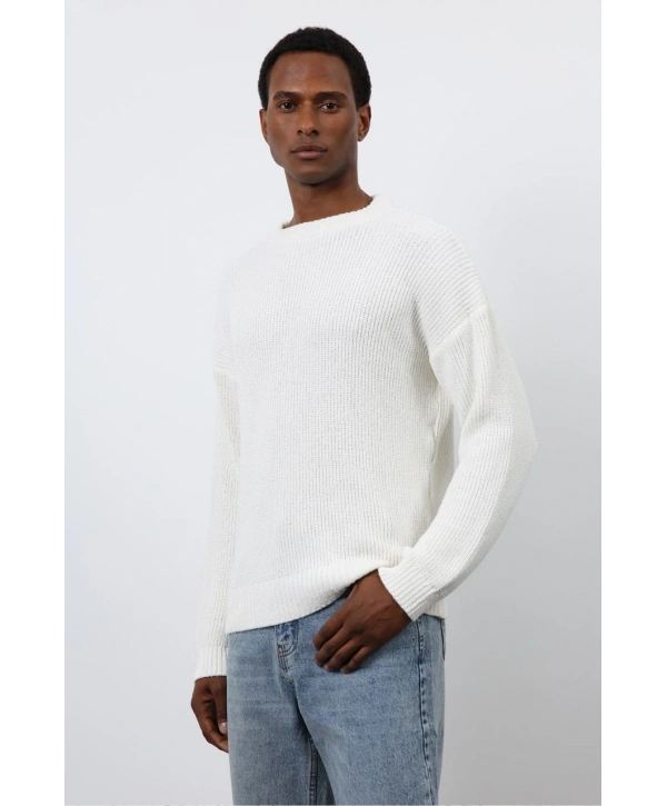 Erkek Normal Kalıp Bisiklet Yaka Örme Triko Kazak -Krem