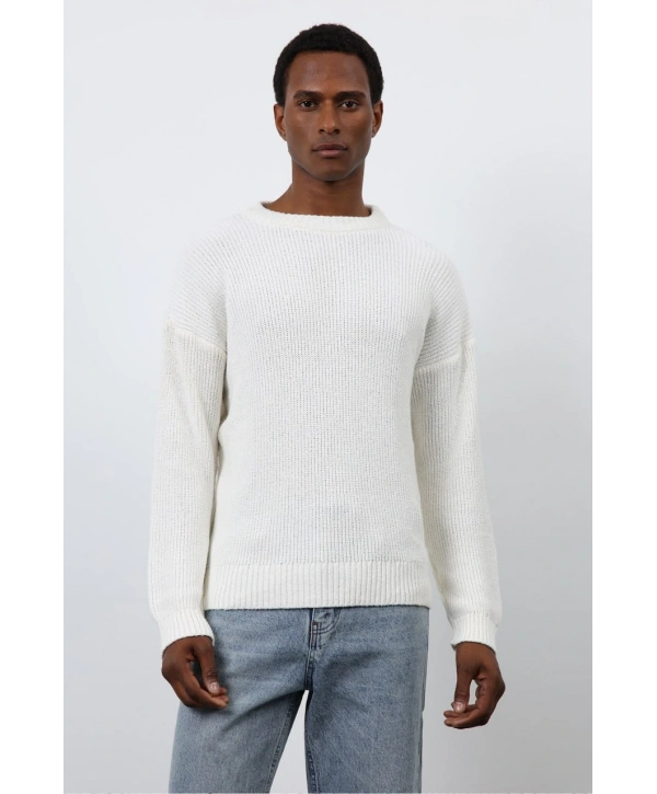 Erkek Normal Kalıp Bisiklet Yaka Örme Triko Kazak -Krem