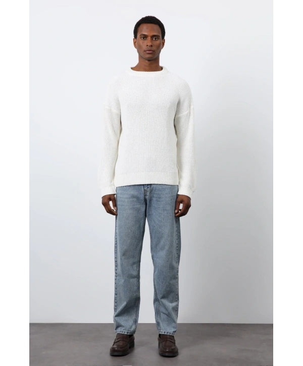 Erkek Normal Kalıp Bisiklet Yaka Örme Triko Kazak -Krem